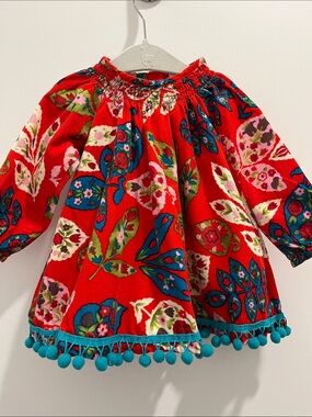 Baby Nay Red Floral Pom-Pom Hem Dress